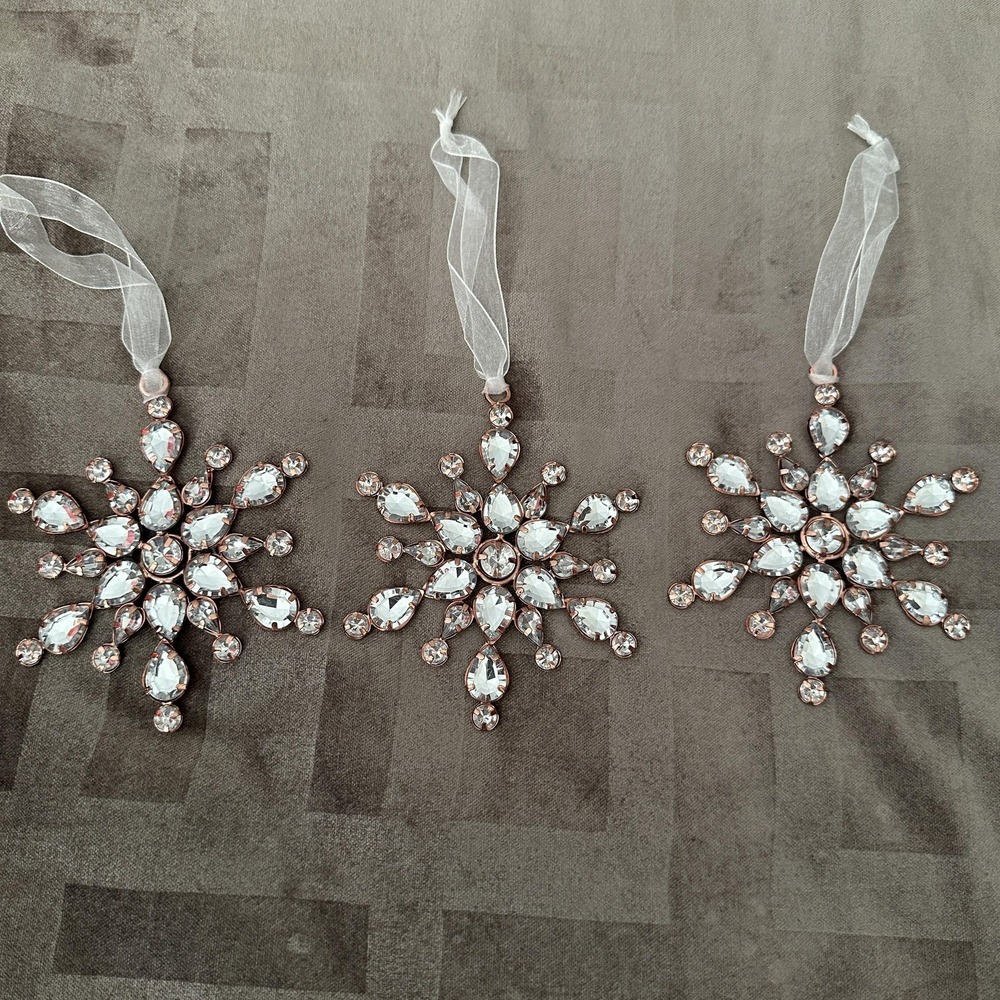 Clear Rhinestone Gem Rose Gold Tone Snowflake Ornaments Set Of 3 Christmas Shiny